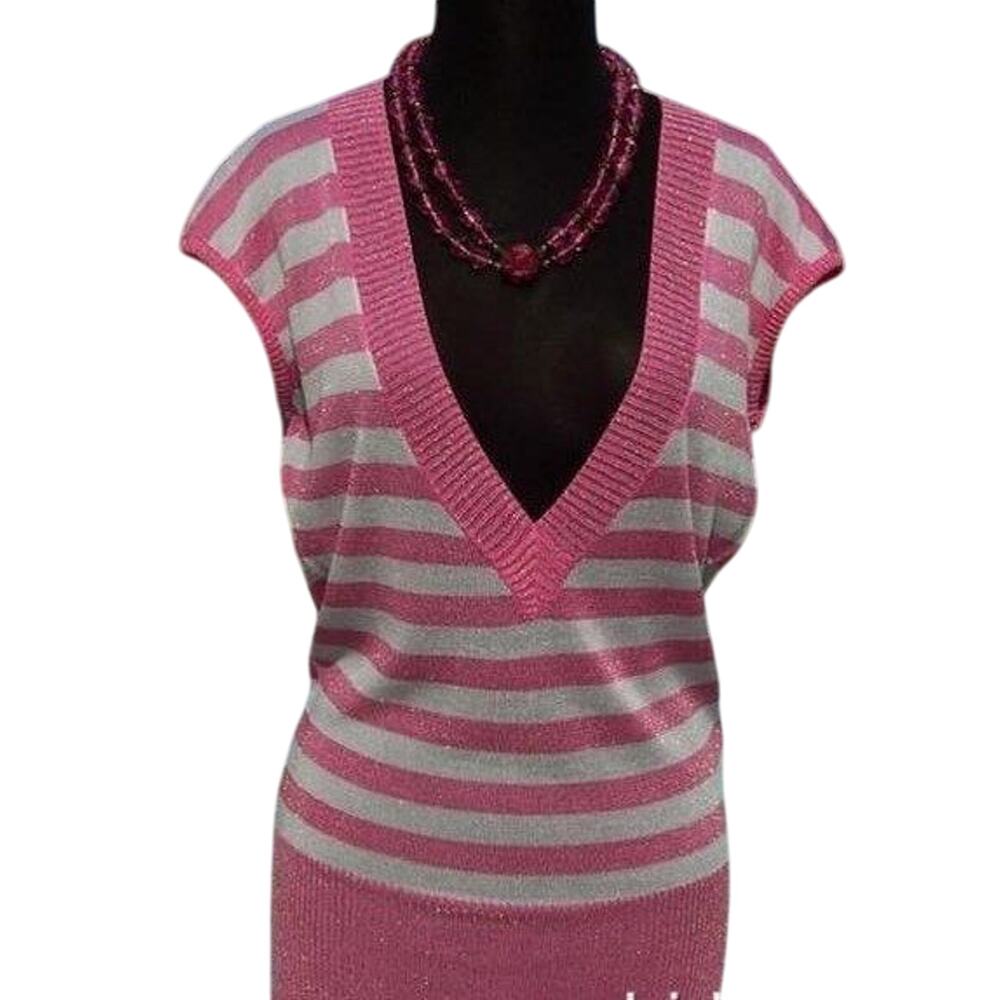Cache Plunging V Neck Pink White Metallic Knit Top New Size S/M Stretch $88 NWT